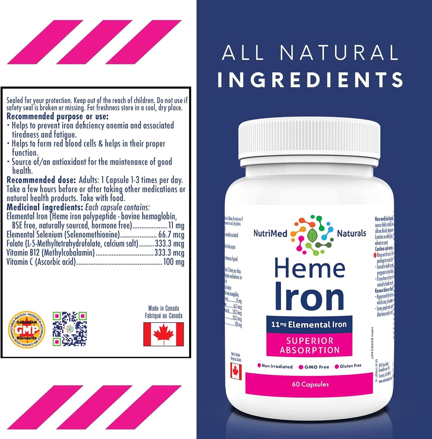 Nutrimed Naturals - 血紅素鐵補充劑 60 粒膠囊,60 天用量 - 11 毫克元素鐵 + 硒、生物活性葉酸、維生素 B12、維生素 C - 經第三方測試 - 加拿大配製和製造