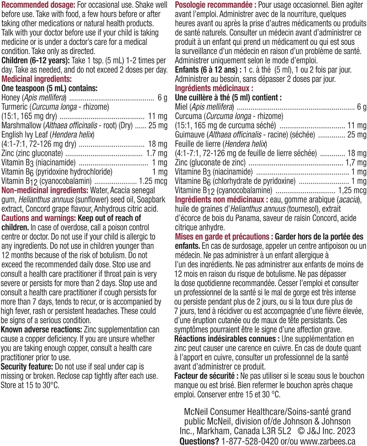 Zarbee's Children's Complete Cough + Cold Syrup, Zinc, Honey, Tumeric, Marshmallow Root, B Vitamins, English Ivy Leaf, 118 mL