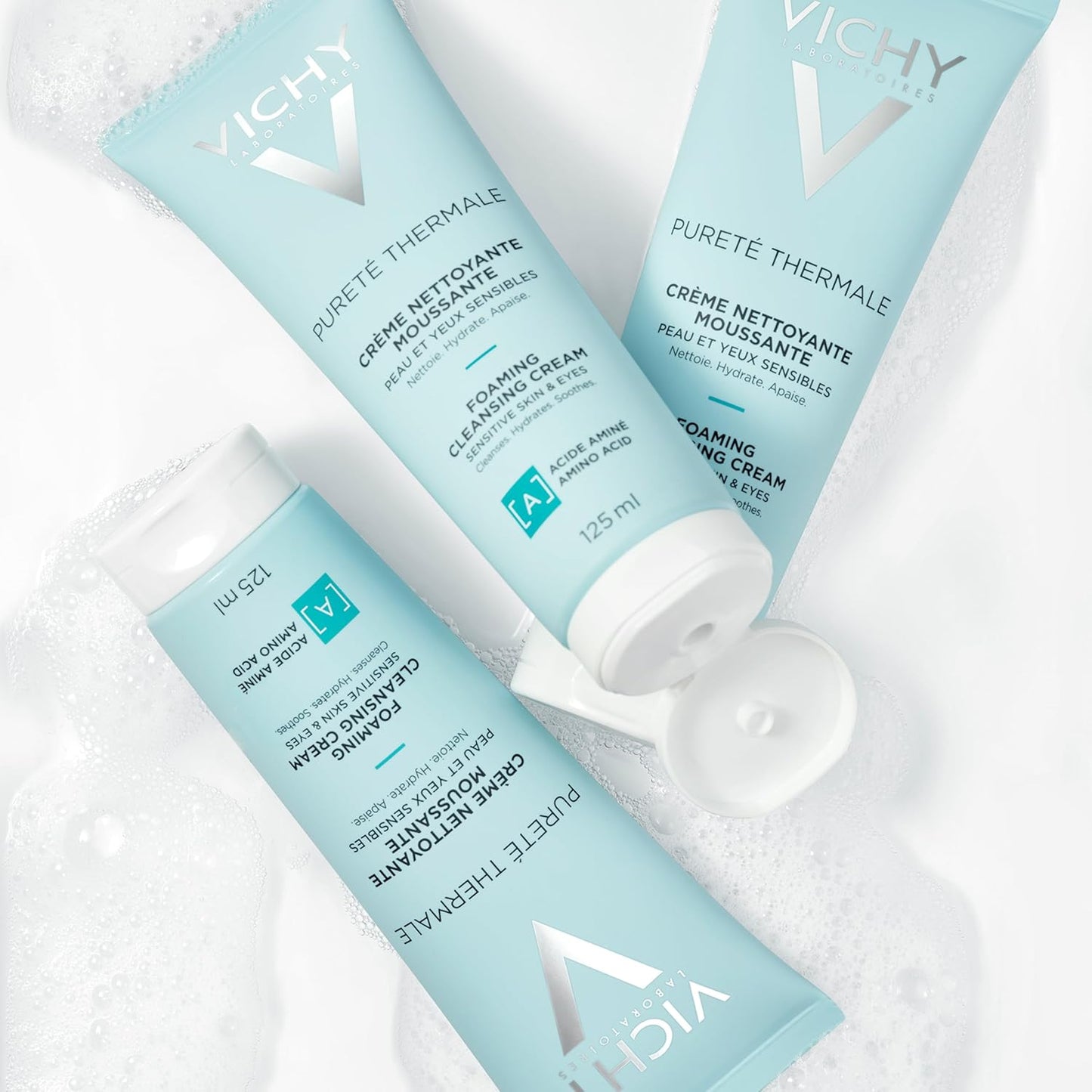 Vichy Foaming Face Cleanser, Pureté Thermale Hydrating Foaming Cream Face Wash & Makeup Remover for Normal Skin, with Vitmain B5, Hypoallergenic, Paraben-Free, 125mL