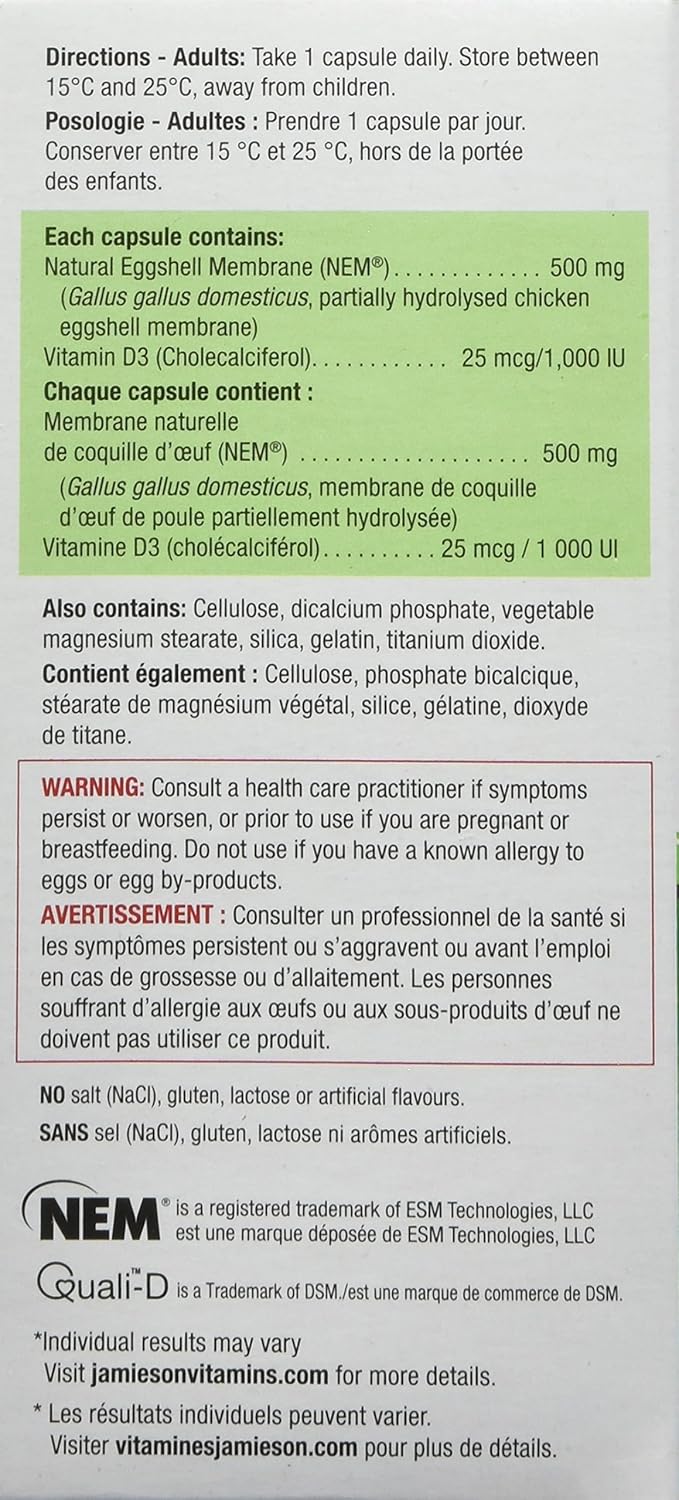 Jamieson 关节舒缓胶囊,天然蛋壳膜,经临床研究成分,含维生素 D。支持骨骼健康、僵硬,并在 5 天内缓解关节疼痛,非转基因,无麸质,30 粒,加拿大制造