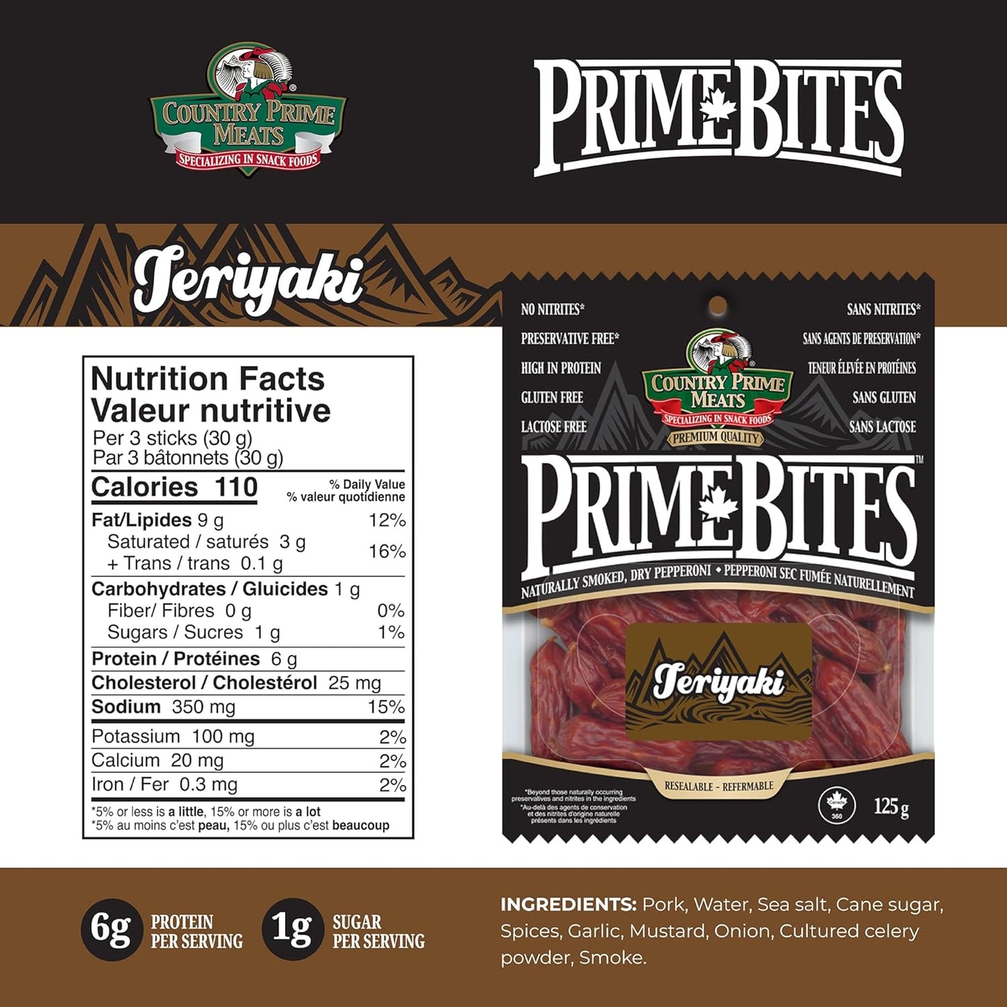Country Prime Meats Teriyaki Prime Bites. Dry Cured Pepperoni. 100% Canadian Made. High Protein Snack. No Artificial Flavours, Naturally Smoked, No Nitrites, Gluten Free. 125g (Pack of 16)