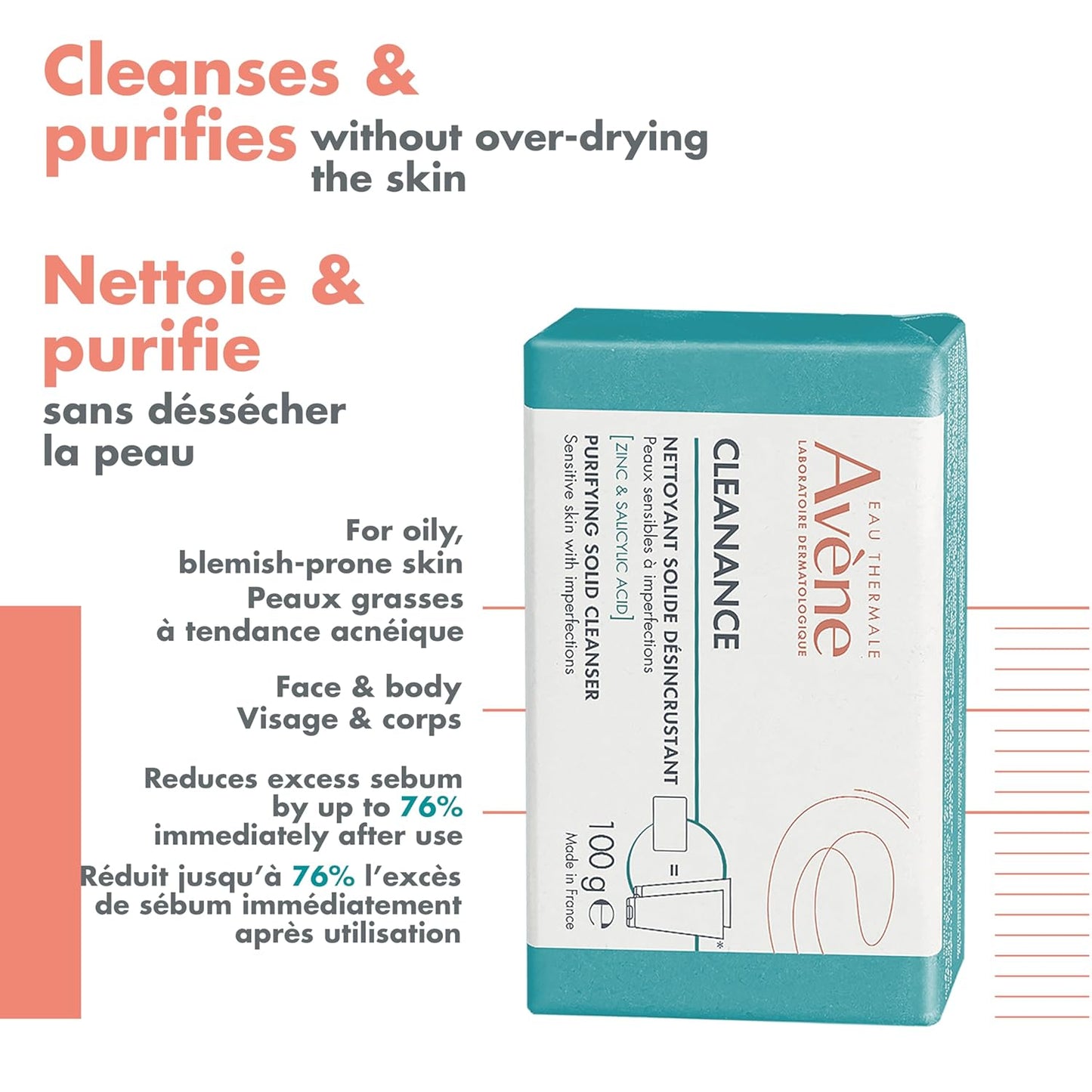 Eau Thermale Avène Cleanance 淨化固體潔面乳,適用於油性和敏感性痤瘡肌膚,含水楊酸,不致粉刺,100 克