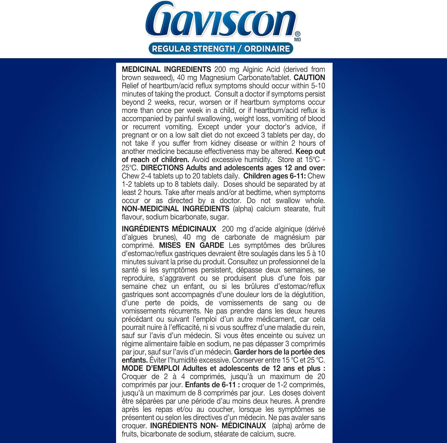 Gaviscon Regular Strength Tablets - 100 Count - Chewable Foaming Antacid Tablets for Day and Night Heartburn Relief, Acid Reflux and GERD Relief, Fruit Blend - Free of Aluminum, Lactose and Gluten
