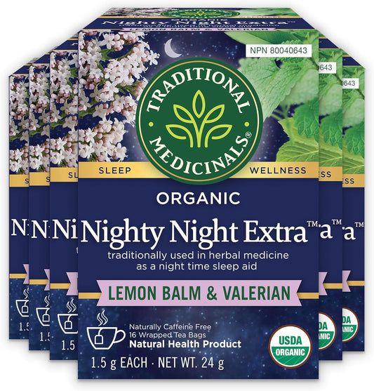 Traditional Medicinals - 有机 Nighty Night Extra 草本茶(6 包)- 天然助眠成分,含缬草、西番莲和柠檬香蜂草 - 共 96 个茶包