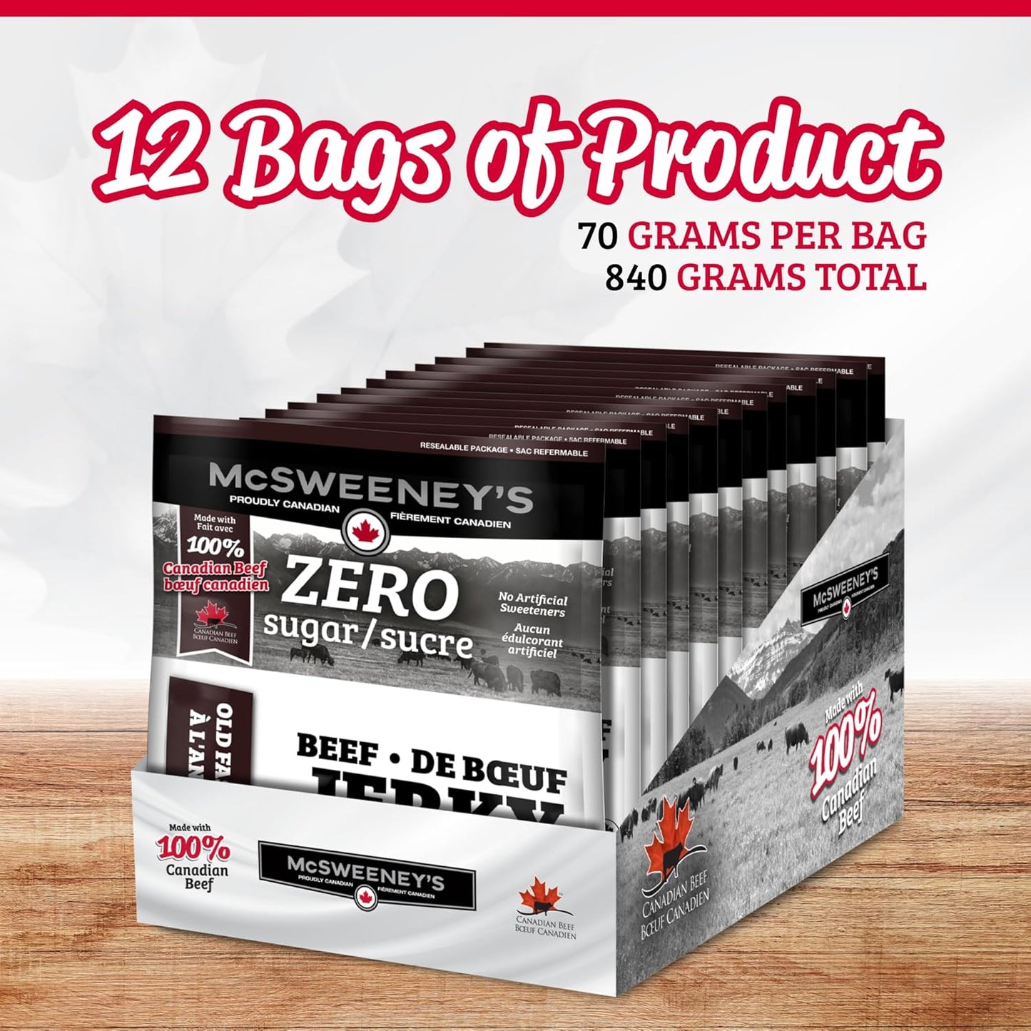 McSweeney's ZERO sugar Old Fashioned Beef Jerky.100% Made In Canada Sugar Free Snacks, School Snacks, Gluten Free, High Protein Snacks, Keto Friendly, Low Fat, Naturally Smoked, 70g (Pack of 12)