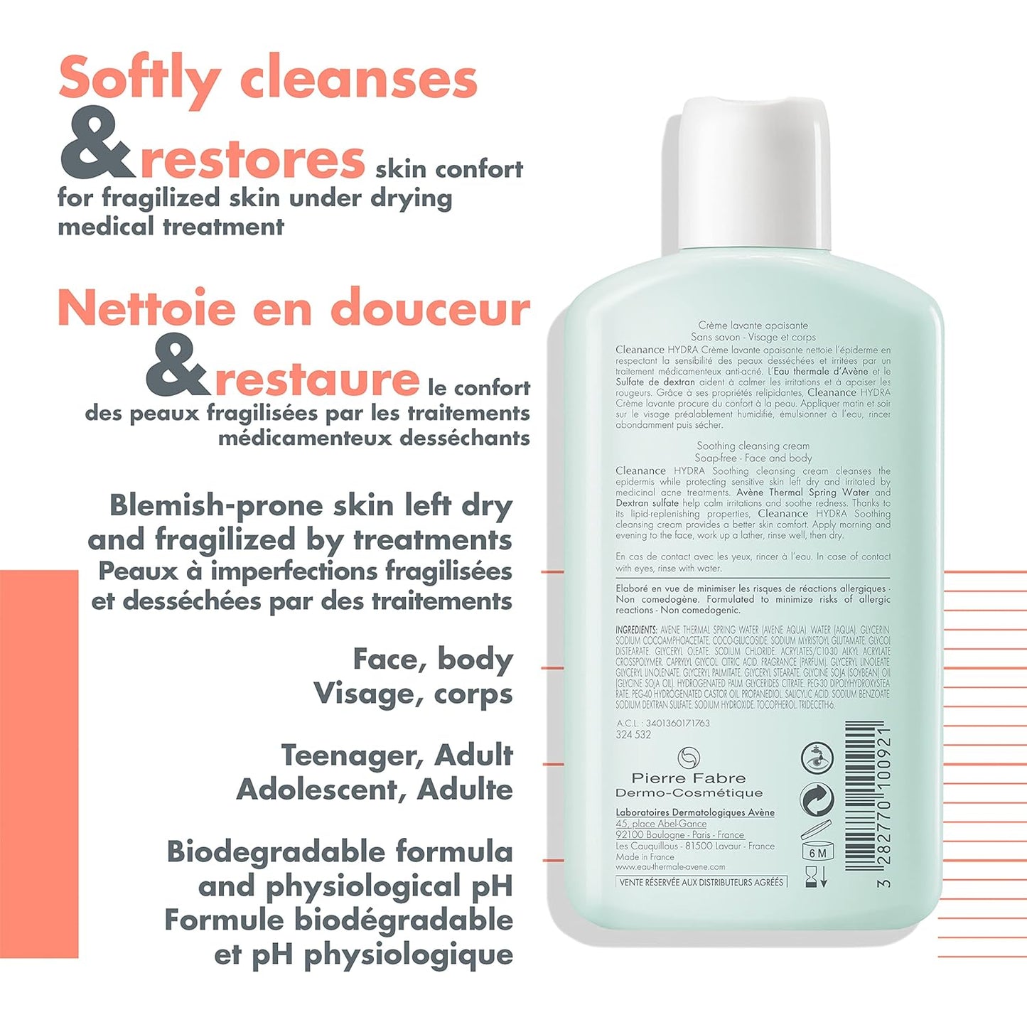 Eau Thermale Avène Cleanance HYDRA 潔面舒緩霜,無皂基潔面乳,乾燥痤瘡治療輔助護理,200 毫升