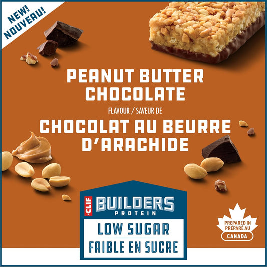CLIF BUILDERS Low Sugar Protein Bars, 12 pack of 56g bars, 16g Protein, 5g Sugar, No Artificial Sweeteners, Peanut Butter Chocolate Flavour, High Protein Snack, Prepared in Canada