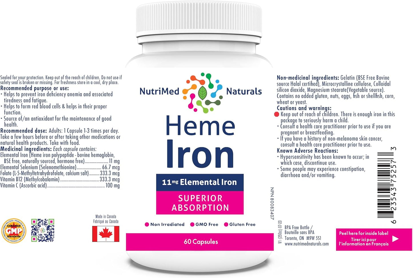 Nutrimed Naturals - 血紅素鐵補充劑 60 粒膠囊,60 天用量 - 11 毫克元素鐵 + 硒、生物活性葉酸、維生素 B12、維生素 C - 經第三方測試 - 加拿大配製和製造