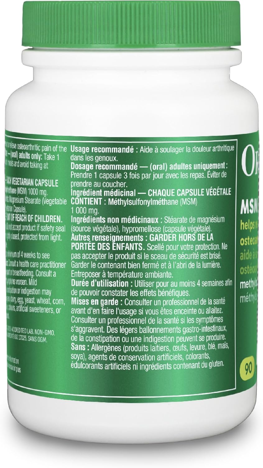 Organika MSM - 关节支持和炎症缓解补充剂 | 支持更健康的关节、骨骼和软骨 | 更强韧的头发、皮肤和指甲 | 强效抗氧化剂 | 1,000 毫克 MSM - 90 粒素食胶囊