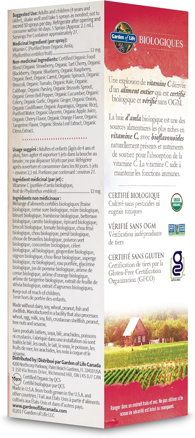 Garden of Life Organics 維生素C噴霧,櫻桃橘味 | 支持免疫系統,促進皮膚和組織健康 | 美味 | 全食物成分,有機,非基因,純素,猶太潔食認證