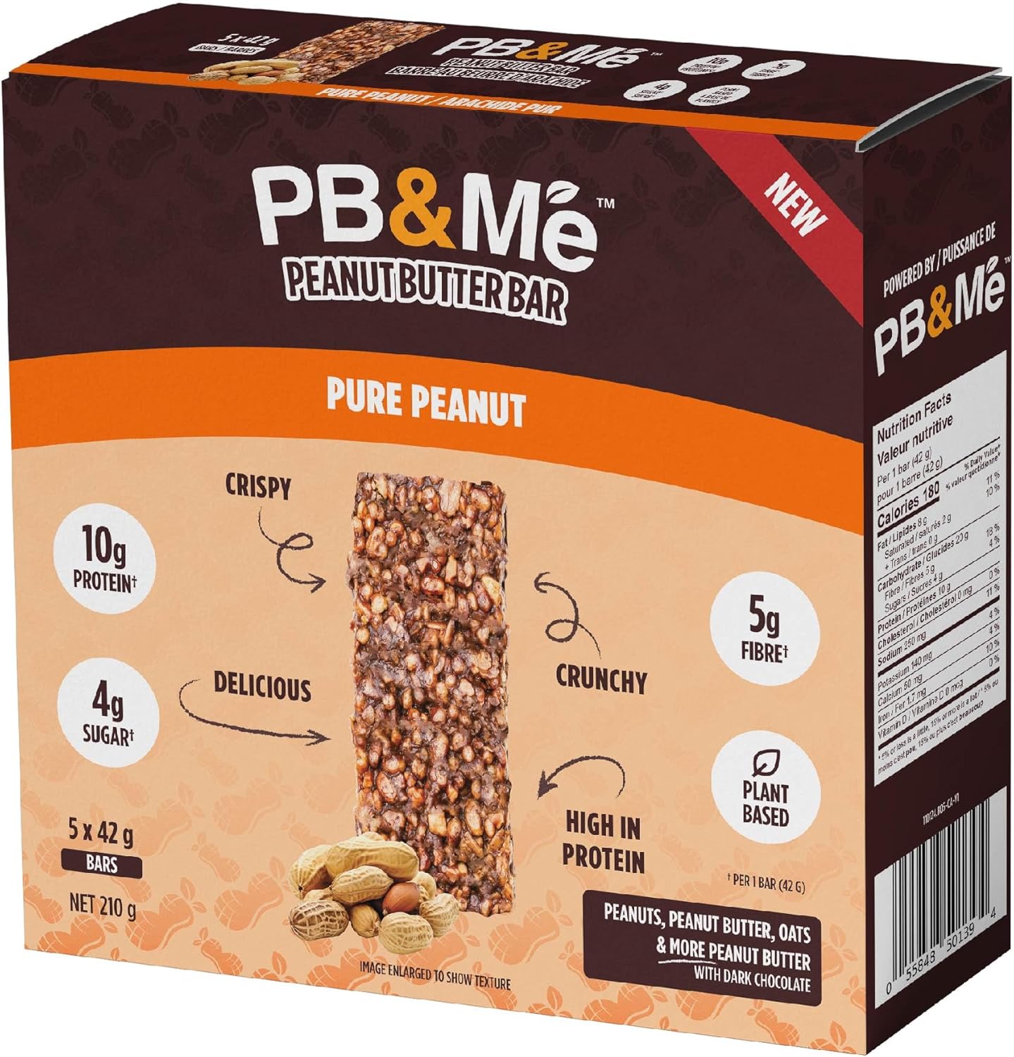 PB&Me Peanut Butter Protein Bars – Pure Peanut, 10g Protein, Low Sugar, High Fiber, No Artificial Sweeteners or Preservatives, Meal Replacement, 5-Pack, Snack Bars for Work, Gym & Travel