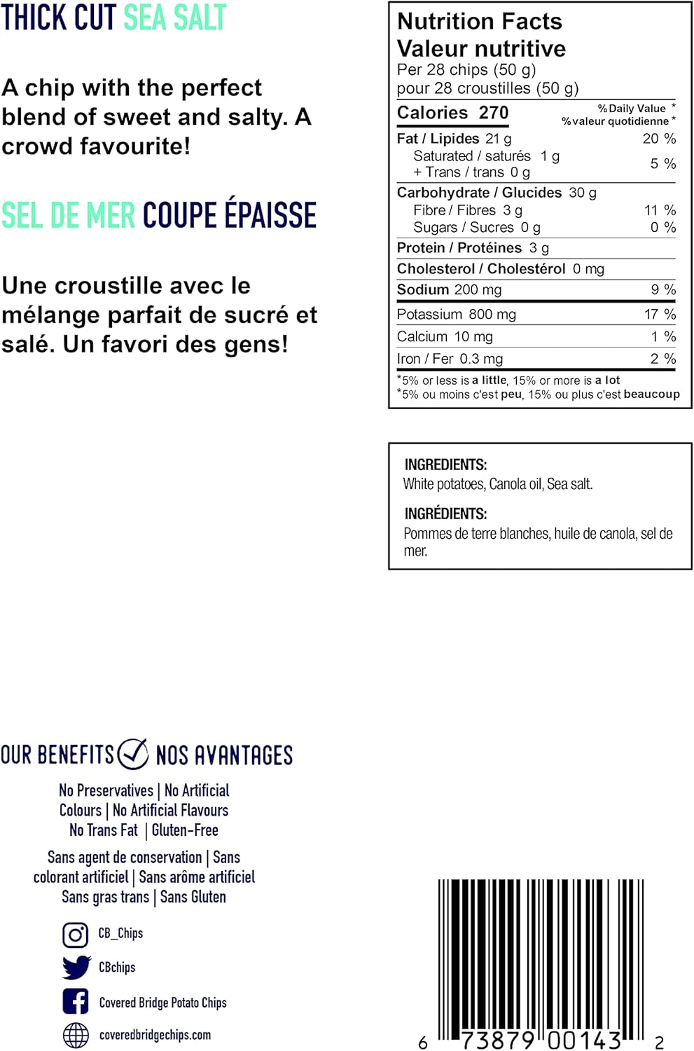 Covered Bridge 薯片 - East Coast Lifestyle 厚切海盐薯片 - 无麸质,犹太洁食认证,采用圆形白土豆烹制,加拿大制造,12 片装,每袋 142 克