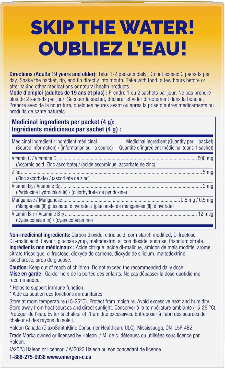 Emergen-C Crystals 便攜式免疫支持補充劑,含維生素 C、鋅、B 群維生素和錳,橙味,24 包