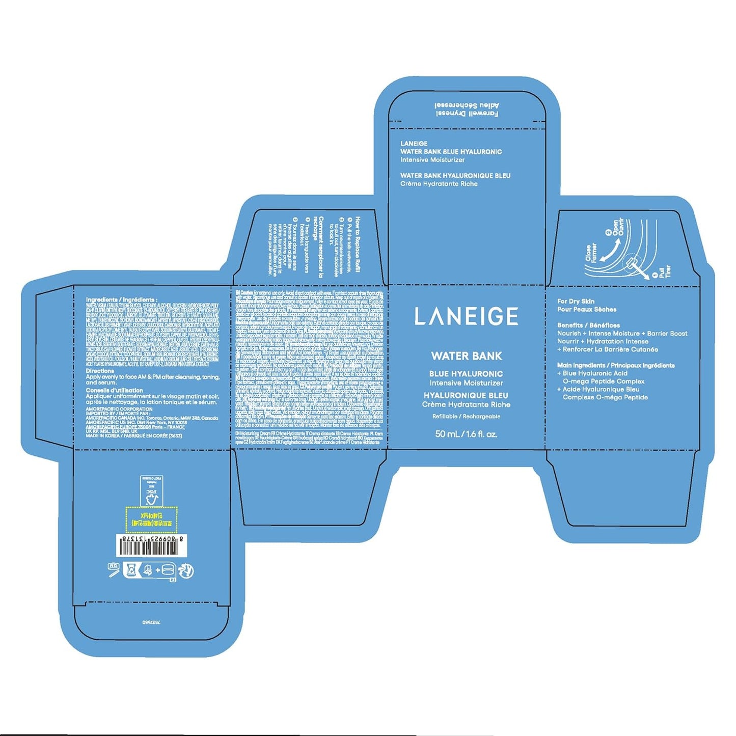 LANEIGE Water Bank Blue Hyaluronic Intensive Moisturizer: Hydrating Face Cream for Extra Dry Skin with Squalane & Peptide for Skin Barrier Support, Dermatologist-Tested