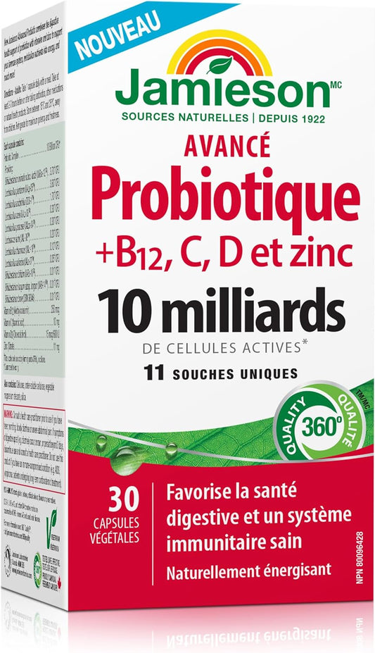 Jamieson Advanced Probiotic 10 Billion Active Cells + Vitamin C, D3, B12, and Zinc. Supports Digestive and Immune Health, Naturally Energizing, and Source of Antioxidants, Non-GMO, Gluten-Free, 30 Vegetarian Capsules