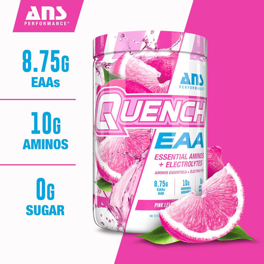 QUENCH EAA 氨基酸 + 電解質 - 9 種 EAA 的完整混合物 - 10 克總氨基酸 - 維生素、抗氧化劑、電解質 - 零糖、零碳水化合物、零卡路里(粉紅檸檬水)