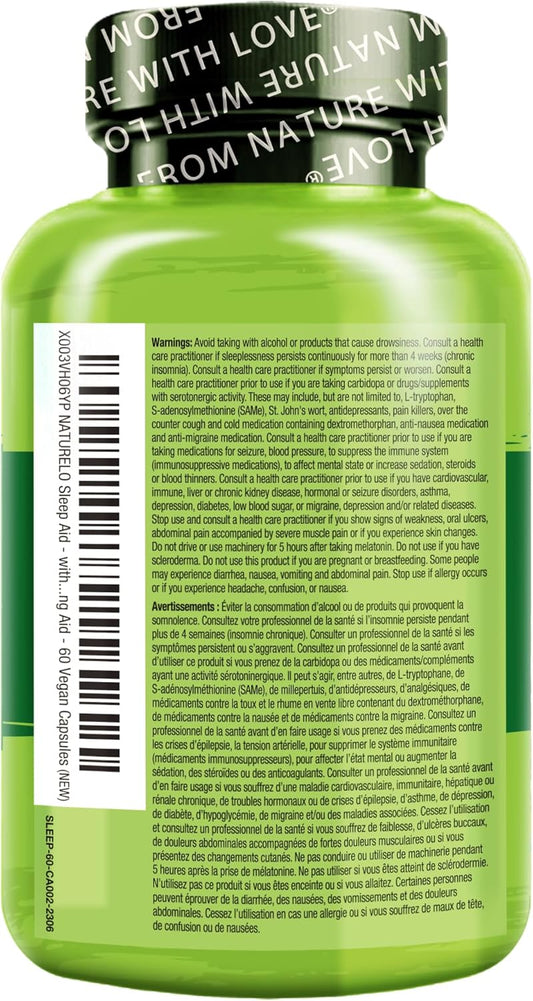 NATURELO 助眠胶囊 - 含褪黑激素、镁、GABA、缬草根、柠檬香蜂草、洋甘菊草本提取物 - 植物性助眠胶囊 - 60 粒素食胶囊