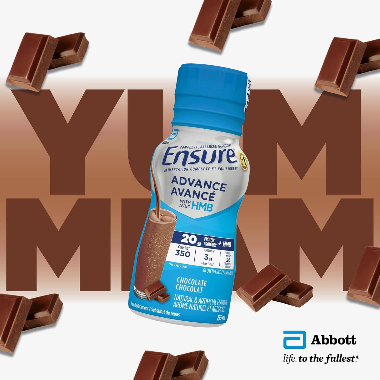 Ensure Advance,代餐奶昔,蛋白质奶昔,含 20 克蛋白质,有助于增强肌肉,巧克力味,4 x 235 毫升瓶装