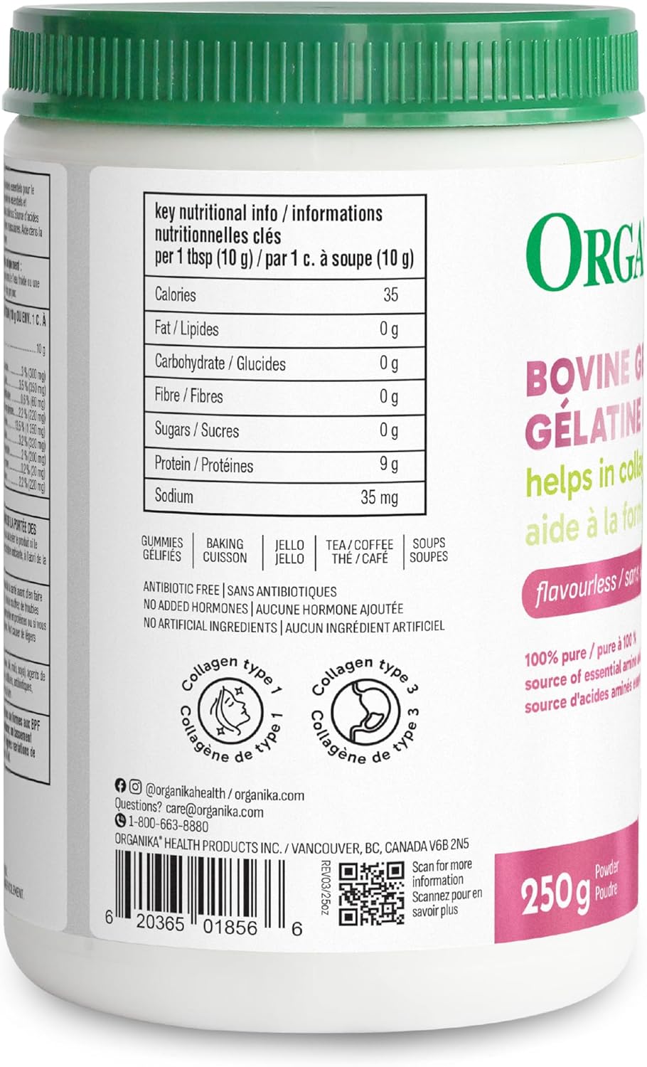 Organika 加拿大製造牛明膠(無味) - 含 18 種氨基酸的膠原蛋白,有益於皮膚、頭髮、骨骼和腸道健康 | 草飼來源 - 250 克