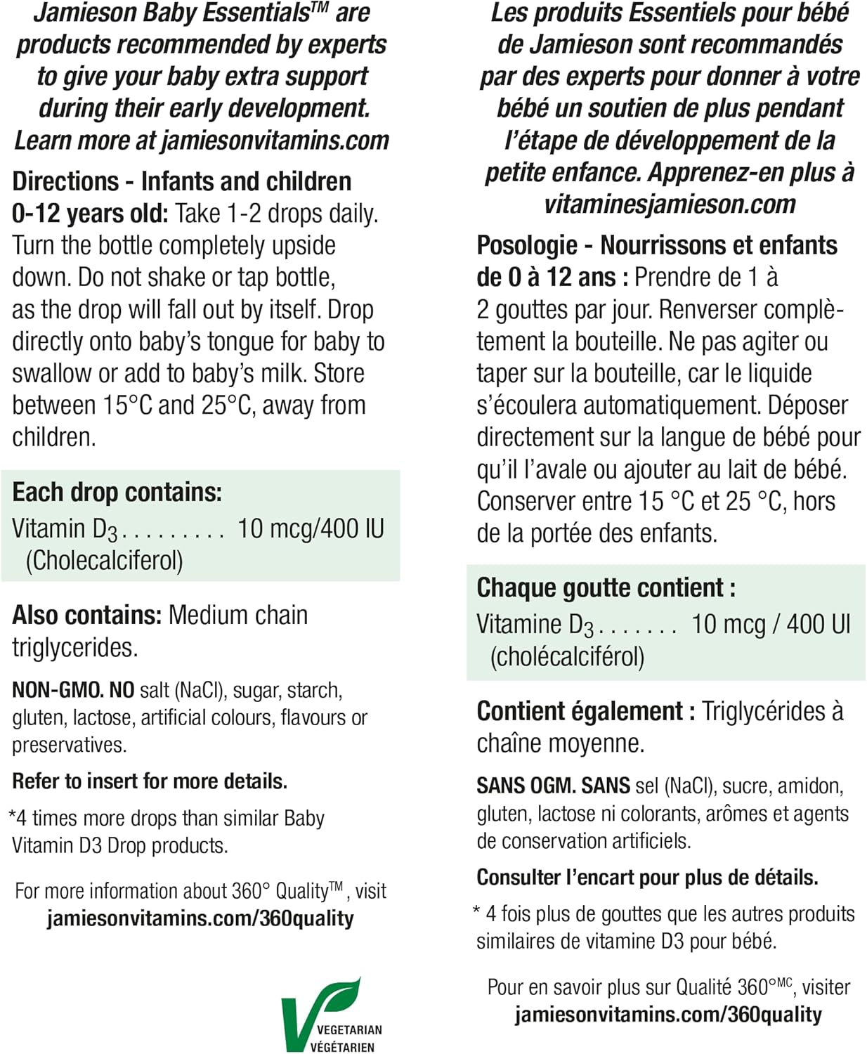 Jamieson 婴儿维生素 D3 滴剂 400 IU,支持宝宝发育、免疫健康、骨骼和牙齿健康。纯正优质配方,非转基因,无麸质,无乳糖,无人工色素、香精或防腐剂……