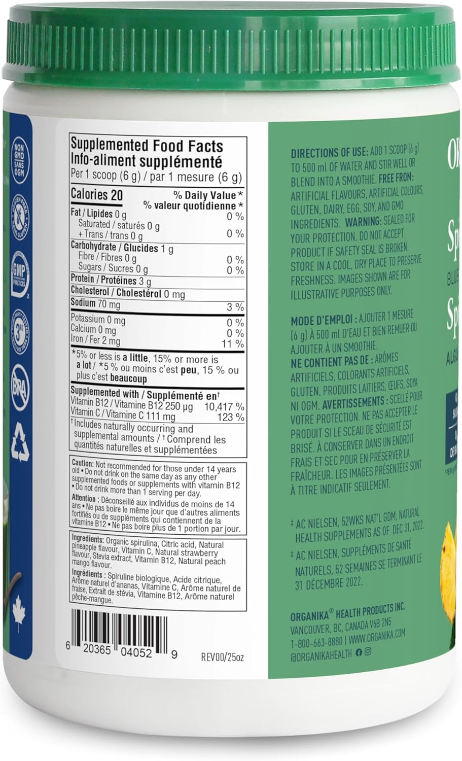 Organika Spirulina + B12 Powder - Tropical Fruit Punch Flavour- Sugar Free, Superfood, Plant Based Source of B12 (250mcg) and Protein, High in Antioxidants and Vitamins + Minerals- 300g