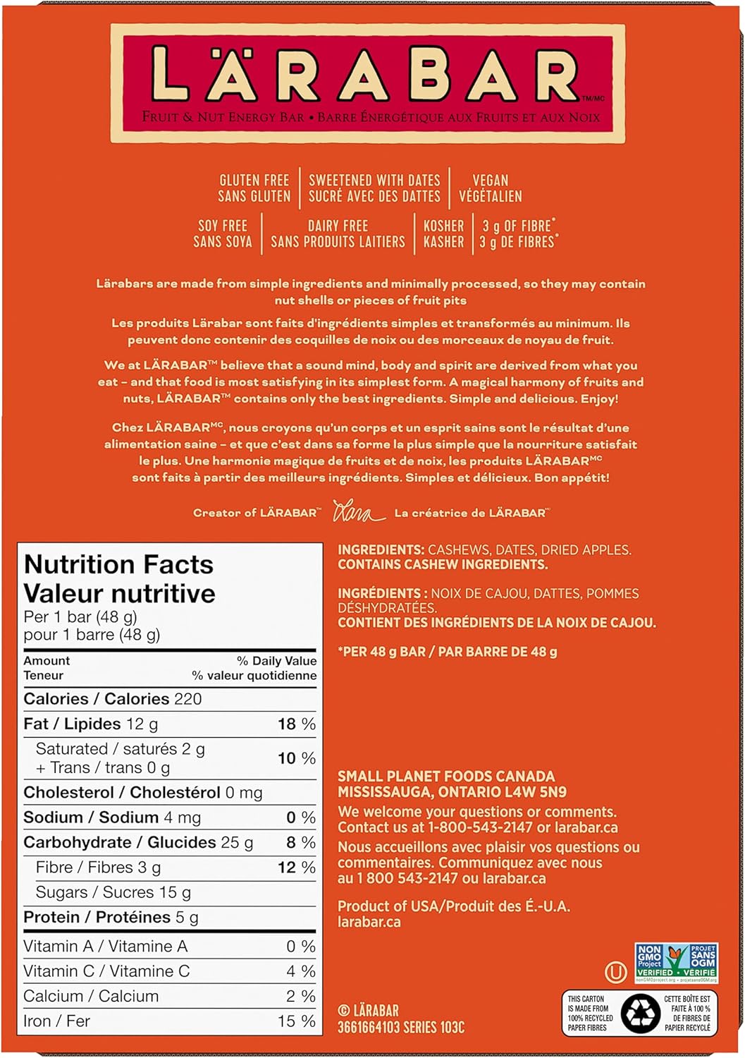 Larabar Gluten Free Cashew Fruit and Nut Energy Bar, 16-Count, 768 Gram & Gluten Free Peanut Butter Fruit and Nut Energy Bar, 16-Count, 768 Gram