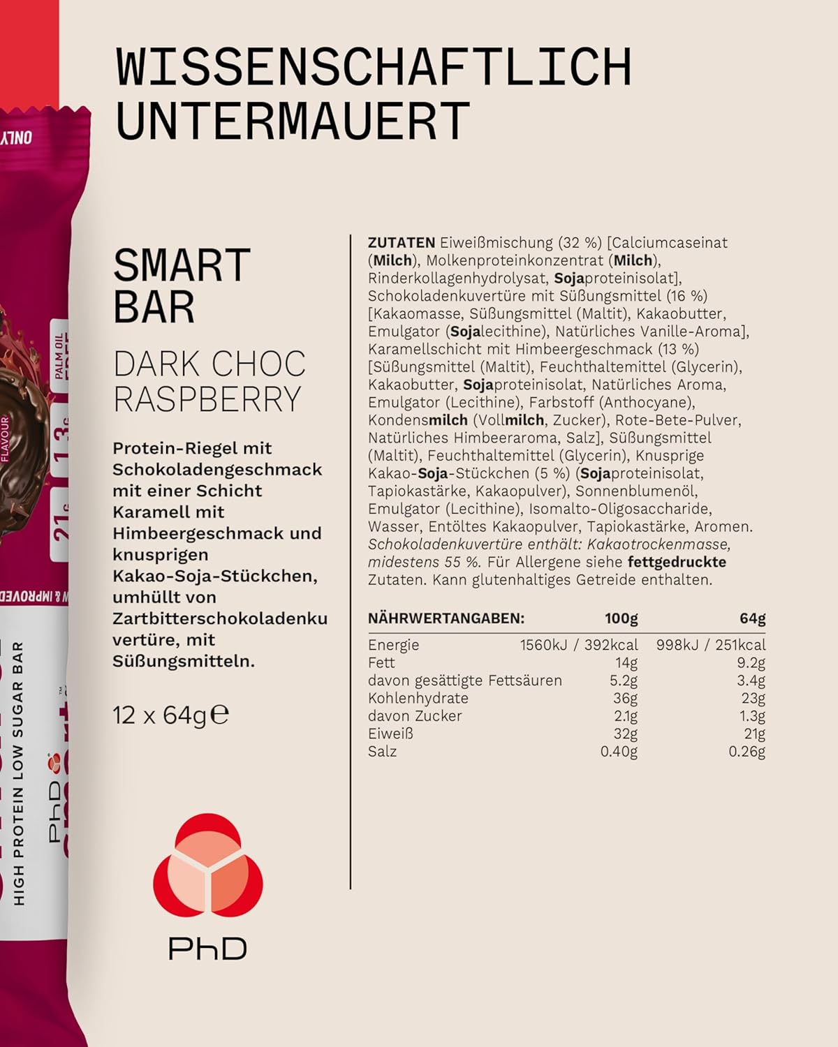 PhD Performance Nutrition 智能棒,黑巧克力覆盆子味,12 支