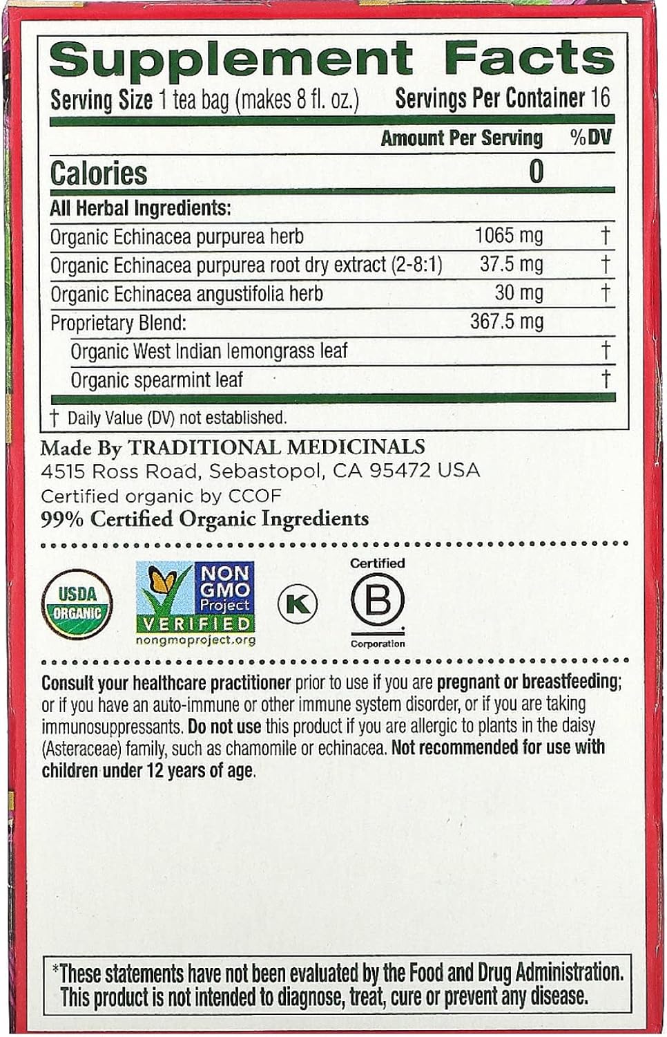 Traditional Medicinals - 有機紫錐菊加草藥茶(1 包)- 幫助緩解感冒和流感症狀 - 共 16 個茶包