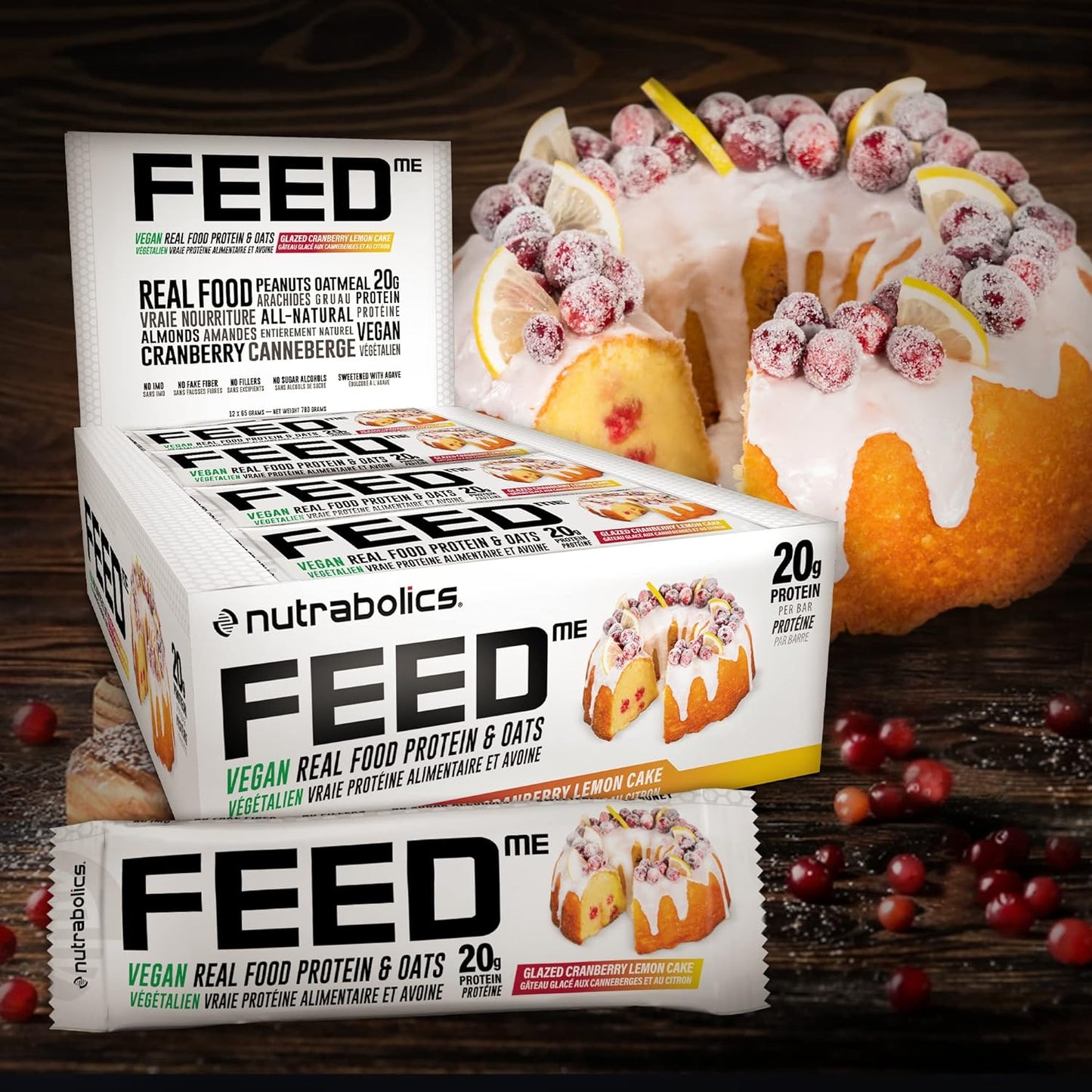 Nutrabolics- Feed me, Vegan Real Food Protein Bar, Glazed Cranberry Lemon Cake Box, 12 x 65 grams