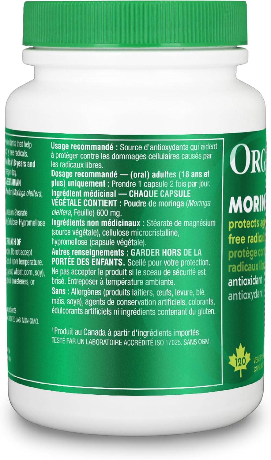 Organika Canadian-Made Moringa Leaf Extract- 1200mg Daily Dose, High Potency, Powerful Antioxidant, Anti-Inflammatory, Blood-Sugar Support, Detox, Source of Vitamins and Minerals- 120vcaps