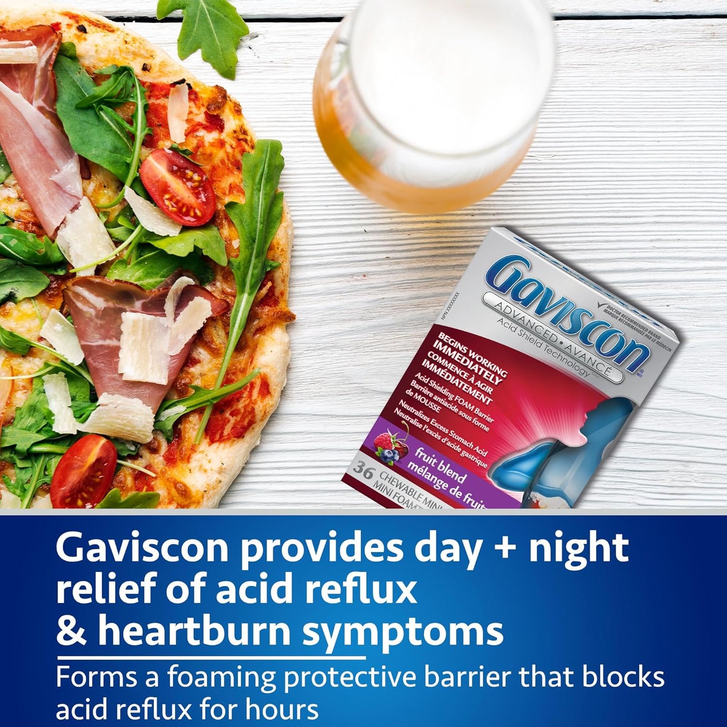 Gaviscon 强效咀嚼迷你片 - 36 片 - 发泡抗酸片,日夜缓解胃灼热、胃酸反流和胃食管反流病,水果混合 - 不含铝、乳糖和麸质