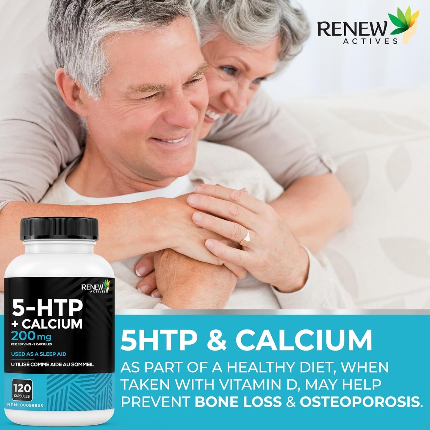 RENEW ACTIVES 5-HTP 200MG 和 328MG 鈣補充劑,每 2 粒膠囊 - 天然助眠劑,促進情緒平衡和放鬆 - 有助於維持骨骼和肌肉健康 - 加拿大製造 - 120 粒膠囊