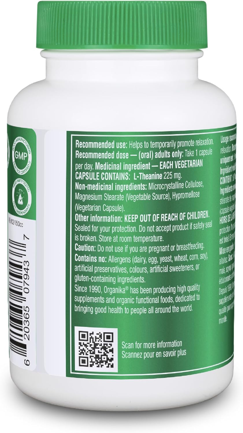 Organika 加拿大製造 L-茶氨酸,加量裝 225 毫克 - 促進放鬆,不瞌睡,緩解壓力,純天然來源,快速起效 - 110 粒膠囊