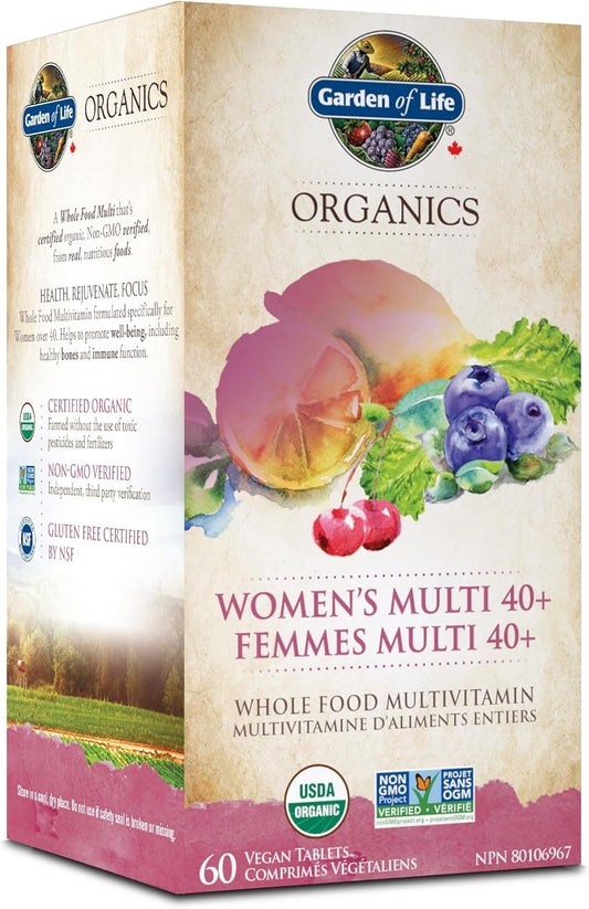 Garden of Life Organics 女士複合維生素 40+,60 片裝 | 40+ 歲女性複合維生素 | 支持免疫功能、膠原蛋白形成以及健康的骨骼、頭髮、指甲和皮膚 | 非基因改造、無麩質、純素