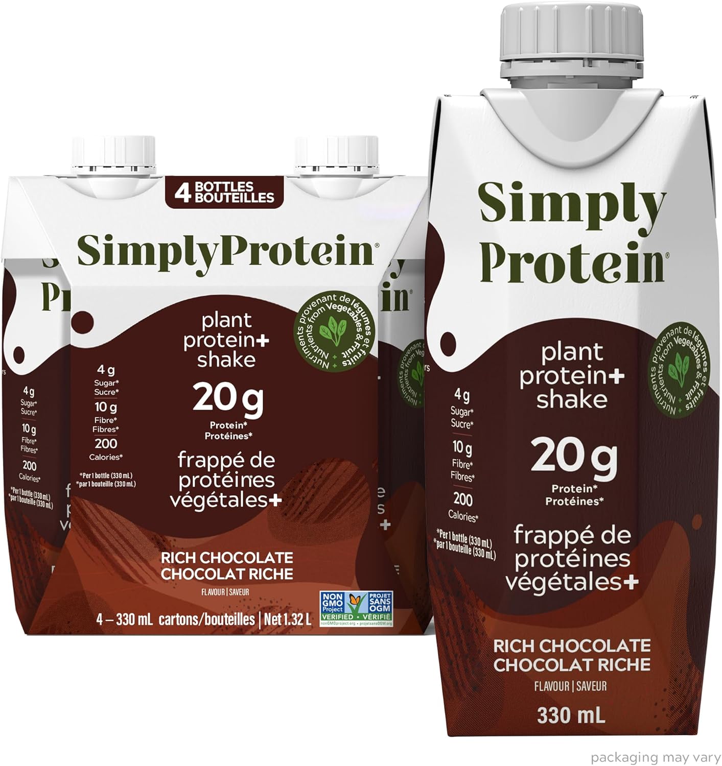 Simply Protein Ready-To-Drink Chocolate Plant Protein Shake, 330mL Bottle, Pack of 4, High Protein & Dark Chocolate Almond Protein Bars, Gluten Free, Vegan, High Protein Snacks, 4 Count