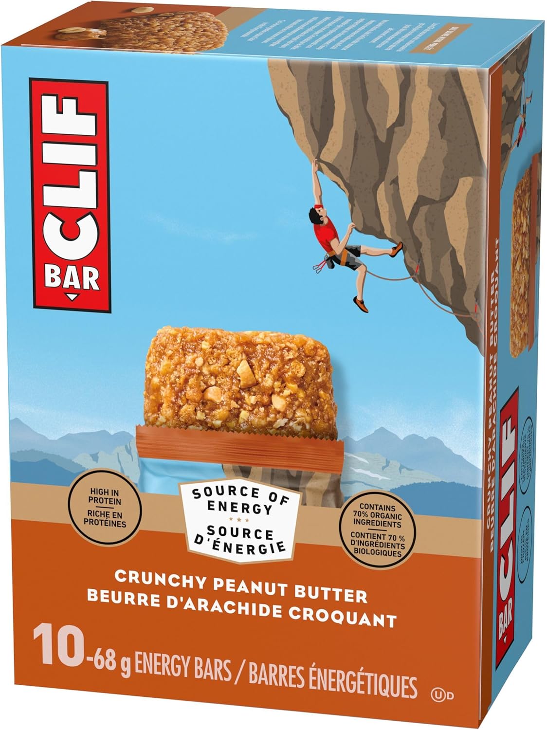 CLIF BAR 能量棒,香脆花生酱,燕麦棒,高蛋白,含 70% 有机成分,680 克(10 包)
