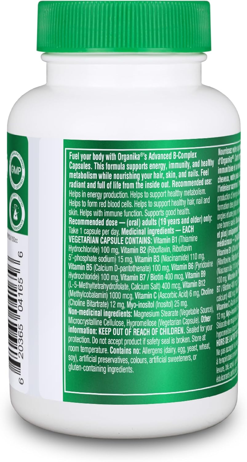Organika 加拿大製造高級 B 群維生素 110 毫克 - 能量和免疫支持,甲基化 B 群維生素,增強吸收 - 60 粒膠囊