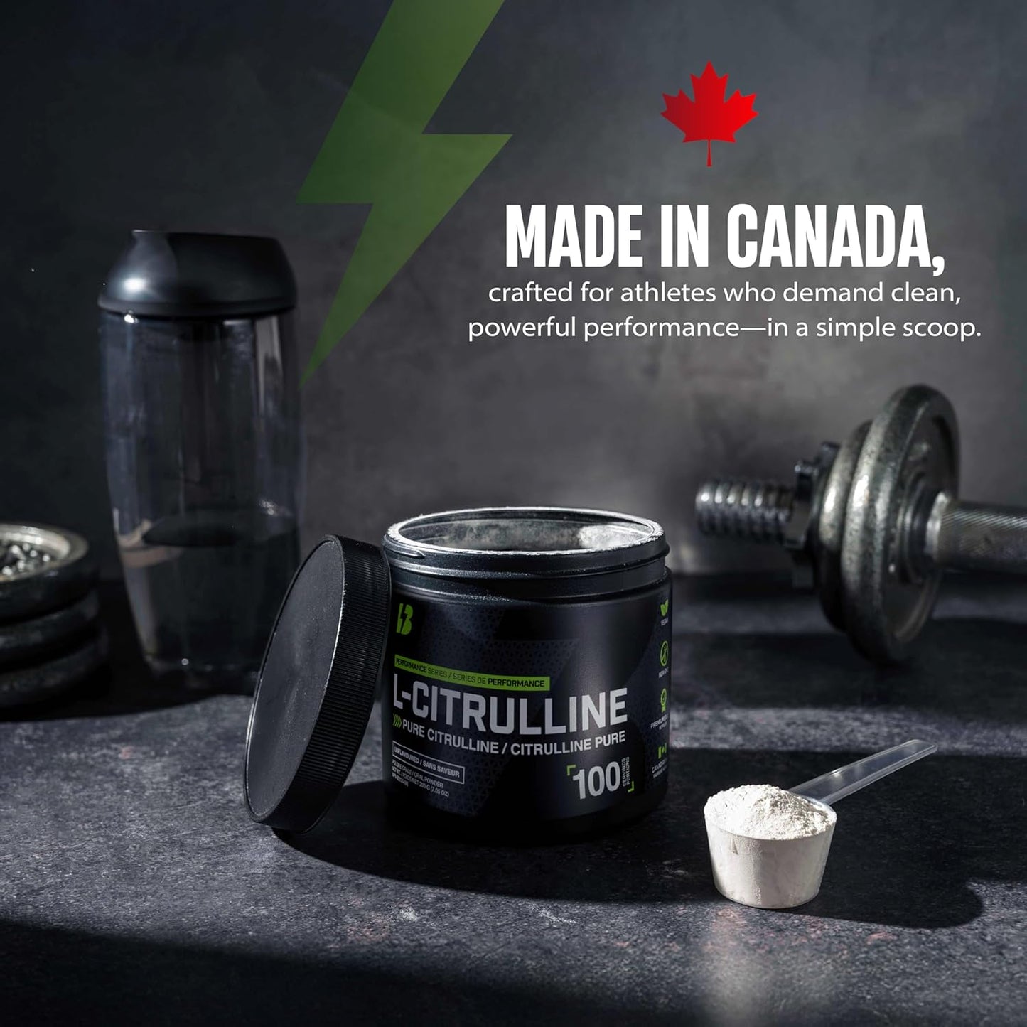 BULL Nutrition – L-瓜氨酸粉,一氧化氮促进剂和泵配方,可增强血液循环、能量和肌肉恢复 – 加拿大制造 – 100份,200克,无味