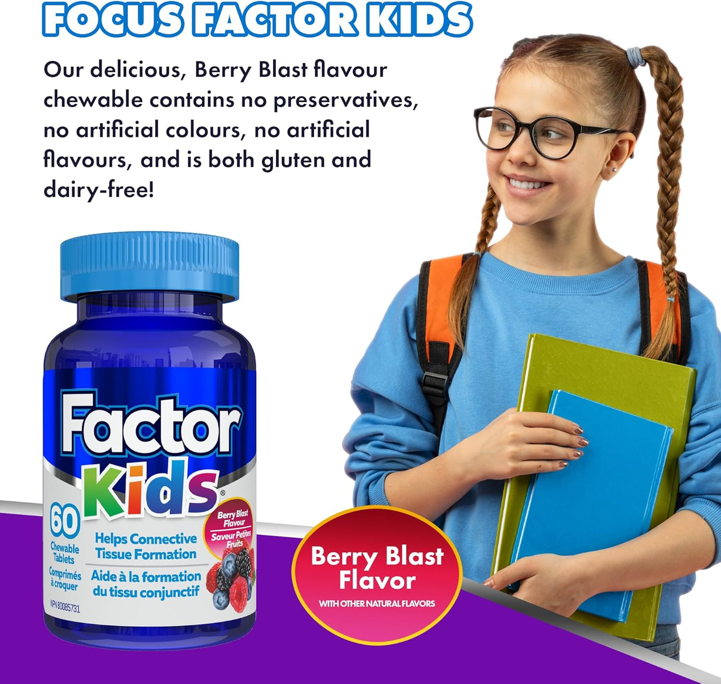 Factor 兒童每日咀嚼複合維生素(60 顆),含維生素 B12、C、D3 和 L-酪胺酸