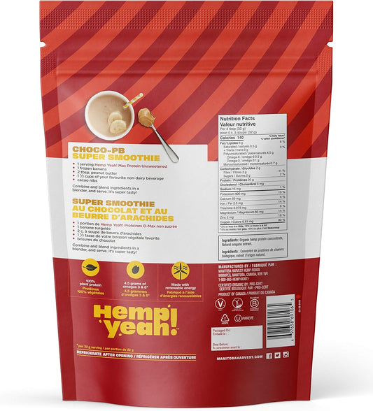 Manitoba Harvest Hemp Yeah! 有机 Max Protein 蛋白粉,无糖,908 克;每份含 20 克蛋白质和 4.5 克 Omega 3&6,不含防腐剂,非转基因