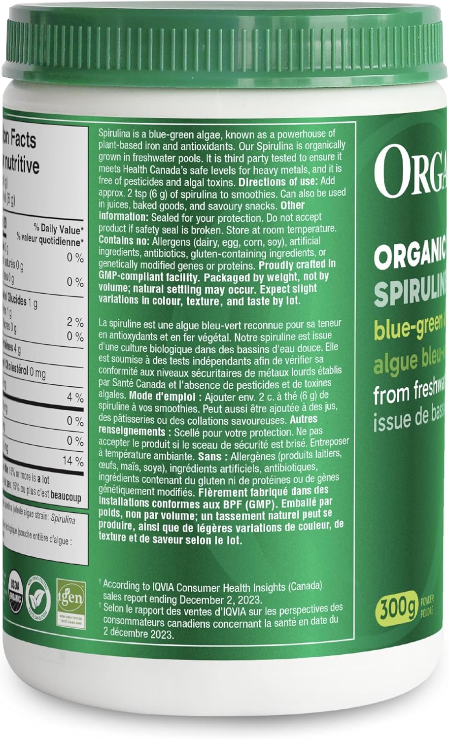 Organika Canadian-Made Certified Organic Spirulina Powder- Superfood, 3rd Party Tested, Pristine Sourcing, Vegan- 300g