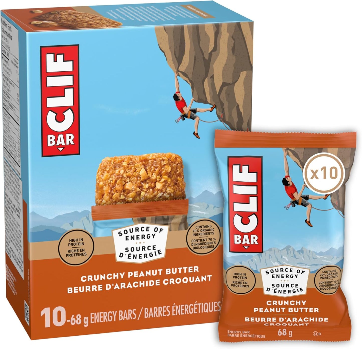 CLIF BAR 能量棒,香脆花生酱,燕麦棒,高蛋白,含 70% 有机成分,680 克(10 包)