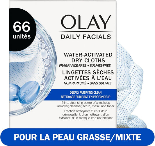 Olay Cleansing Wipes, Daily Facials, 5 in 1 Power of a Makeup Remover, Scrub, Toner, Mask and Cleanser - Fragrance-Free, Textured No-Soap Cloth, Gentle Skin Care, Vitamin Complex-Infused Formula, 66 Count