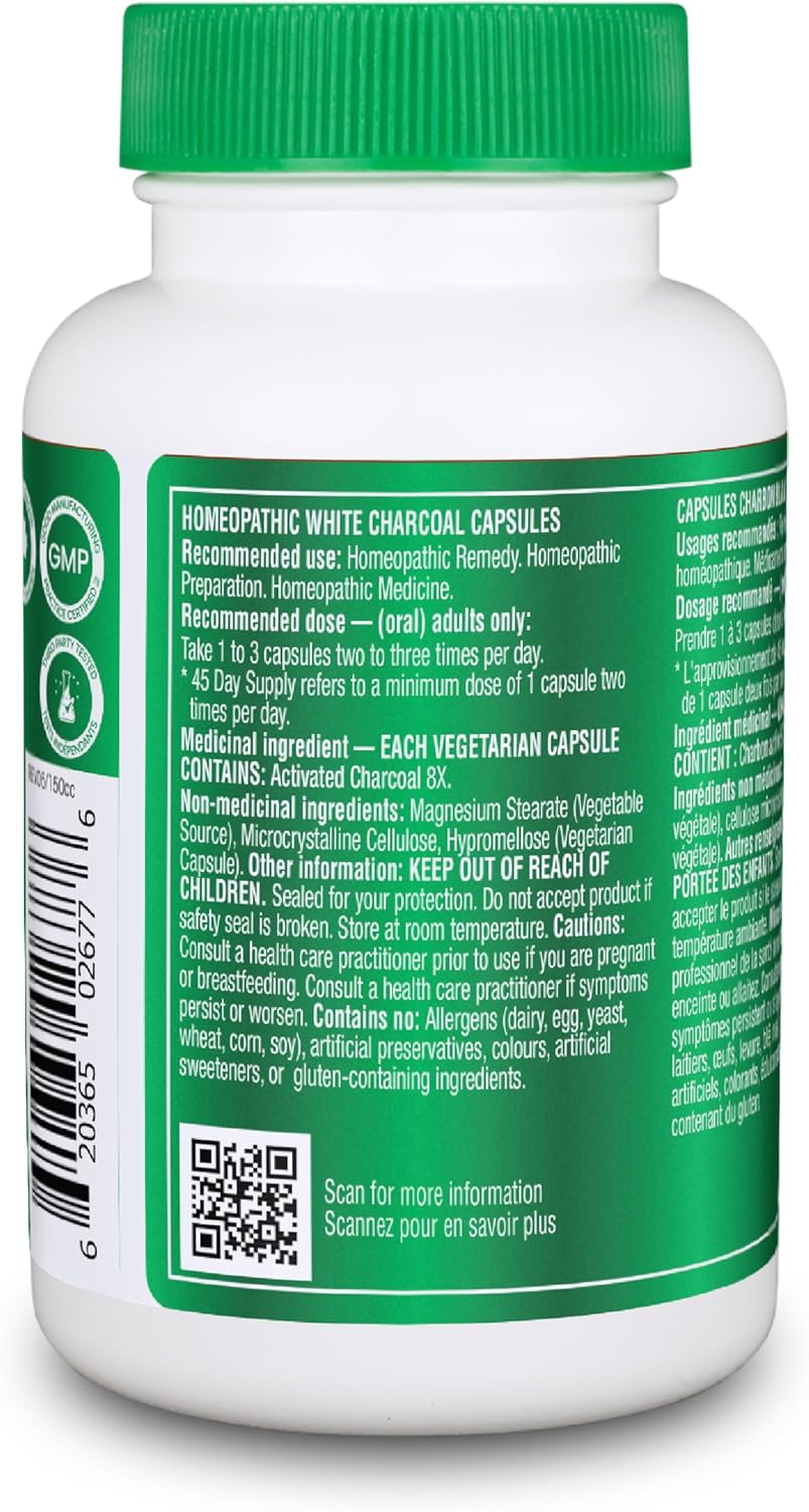 Organika Canadian-Made Activated Charcoal - Homeopathic Charcoal, Digestive Support, Detox, Gas and Bloating Support- 90vcaps