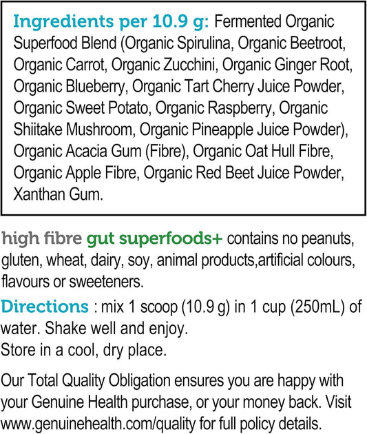 Genuine Health High Fibre Gut Superfood – Organic Fruit & Vegetables Powder, Natural Fibre Supplement - No Sugar Added, Vegan, Gluten-Free, USDA Organic, Non-GMO – Unflavoured, 21 Servings