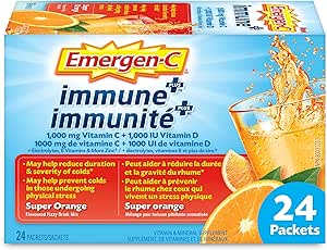 Emergen-C Immune+ 1000毫克維生素C粉劑補充劑,飲料混合物,免疫系統增強劑,超級橙味,24包