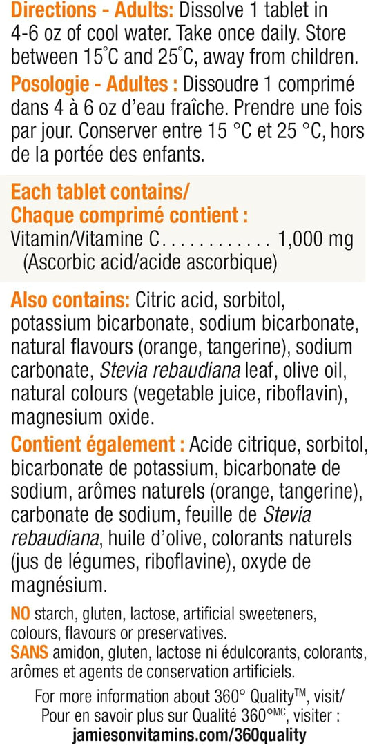 Jamieson 維生素 C 1000 毫克泡騰片,天然橙味,有助於增強免疫力,強健牙齒和骨骼。易於放入水瓶,素食,不含人工甜味劑、色素或香精,10 片裝,泡騰片有效成分…