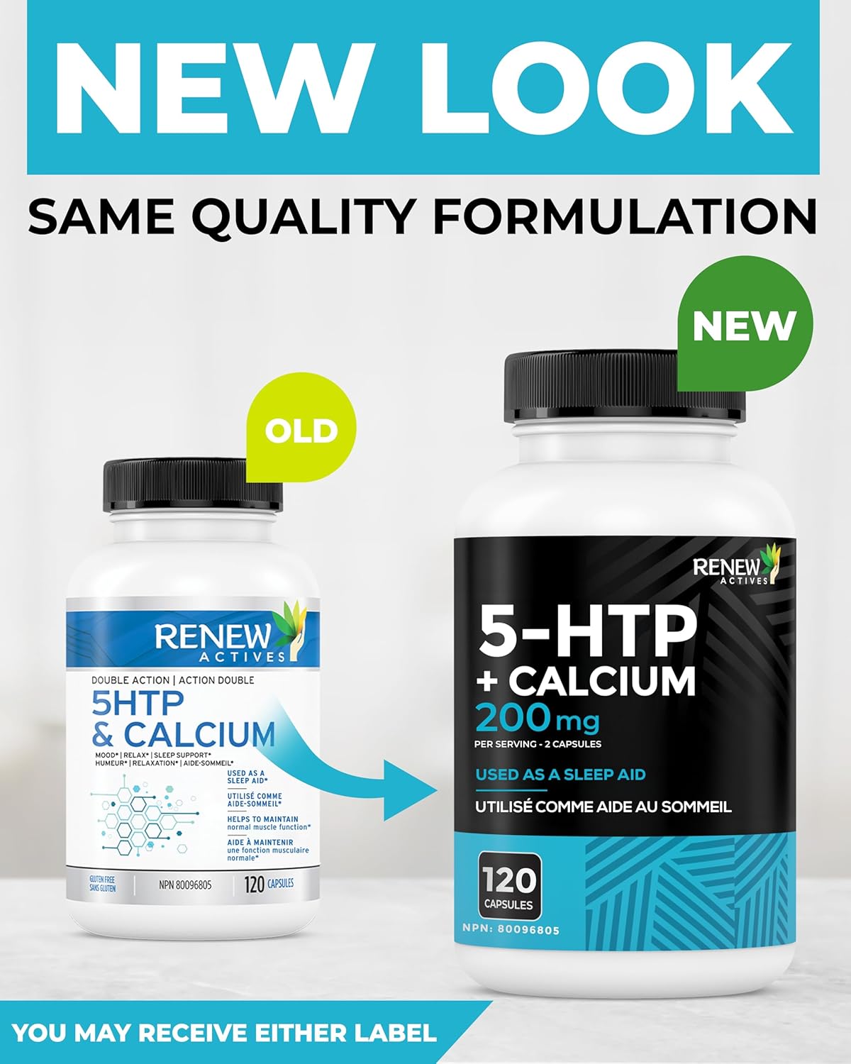 RENEW ACTIVES 5-HTP 200MG 和 328MG 鈣補充劑,每 2 粒膠囊 - 天然助眠劑,促進情緒平衡和放鬆 - 有助於維持骨骼和肌肉健康 - 加拿大製造 - 120 粒膠囊