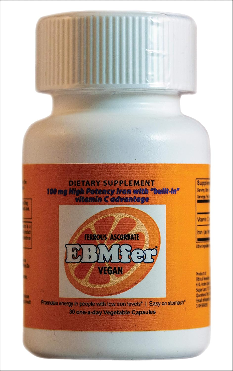 EBMfer 鐵劑,含維生素 C | 每日 1 粒 | 溫和 | 純素 | 提升能量 | 100 毫克高效能 | 30 粒膠囊
