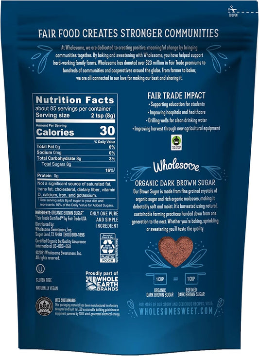 Wholesome Sweeteners Fair Trade 有机深棕色糖,24 盎司,单份(包装可能有所不同)
